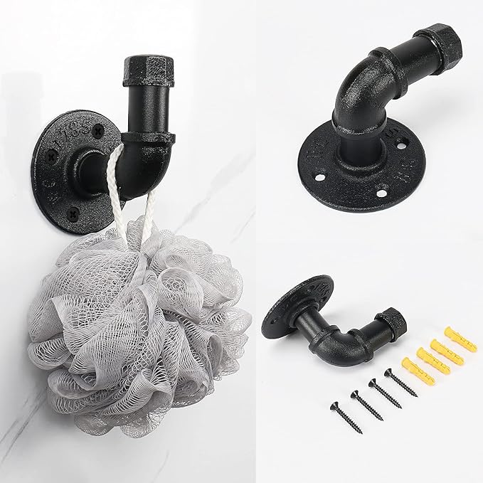 4-Pieces Industrial Pipe Bathroom Towel Ring Kit DIY Wall Mount Accessories Kit Includes Robe Hook Towel Bar and Towel Ring (18 inch)