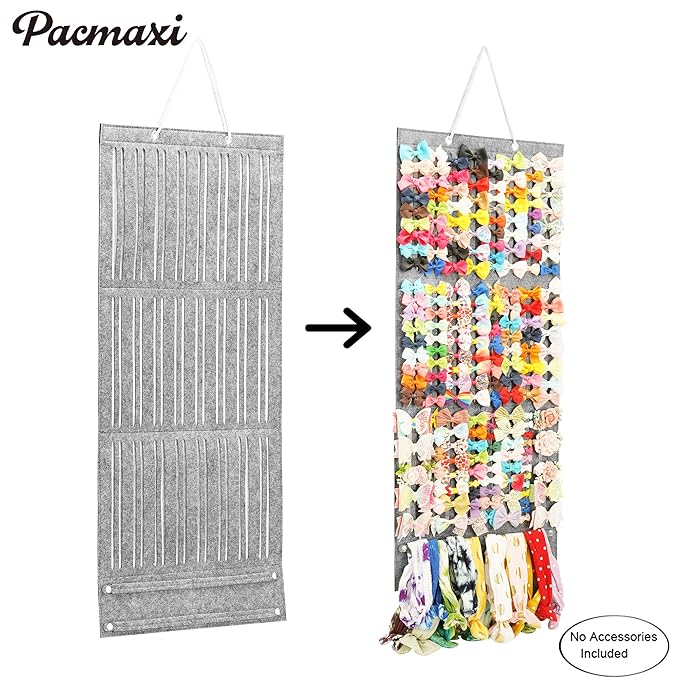 PACMAXI Baby Girl Hair Bows Holder, Hair Clips Storage Hanger For Ribbons, Hair Bows Organizer, Baby Hair Clip Storage Display Sturdy Stand, Wall Hanging for Girl Room (Grey, Large)