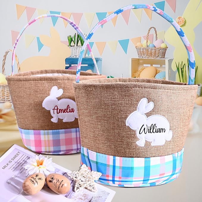 Personalized Name Basket for Boys Girls Easter Bunny Basket for Kids Egg Hunting Easter Basket Gift for Holidays(Pink)