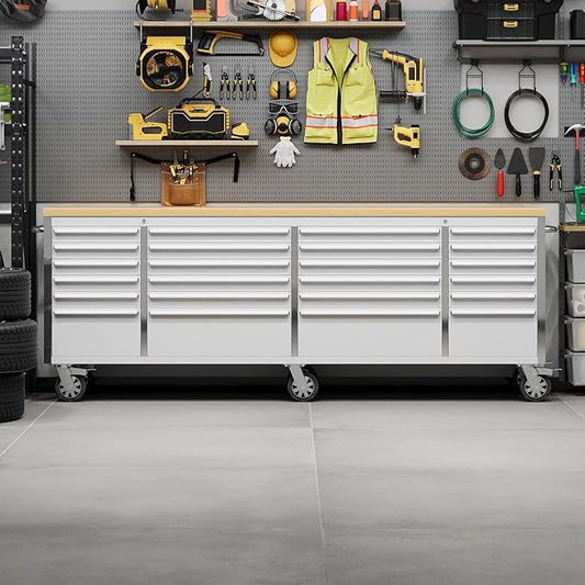 96" Rolling Tool Chest with 24 Drawers, Solid Rubber Wood Workbench Top, Locking Wheels & Key Lock, Mobile Garage Storage Cabinet for Workshop Organization