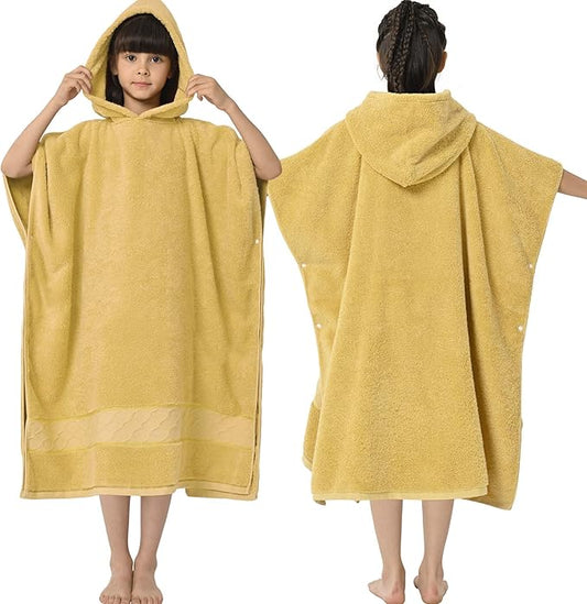 32"X64" Large Turkish Poncho Towels for Kids(8-14Years),Oversized 100% Cotton Thick (600GSM) Absorbent Bath Robe for Boy | Girl | Teens , Perfect for Swimming | Bathing | Beach | Gifts,Gold