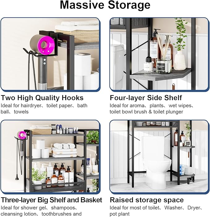 K1 Heavy Duty 7-Tier Over The Toilet Storage（with Basket and Paper Hook） Freestanding Above Toilet Shelf with Adjustable Feet，Space Saver Bathroom Shelves 9.3" D x 33.5" W x 63.8" H，Grey
