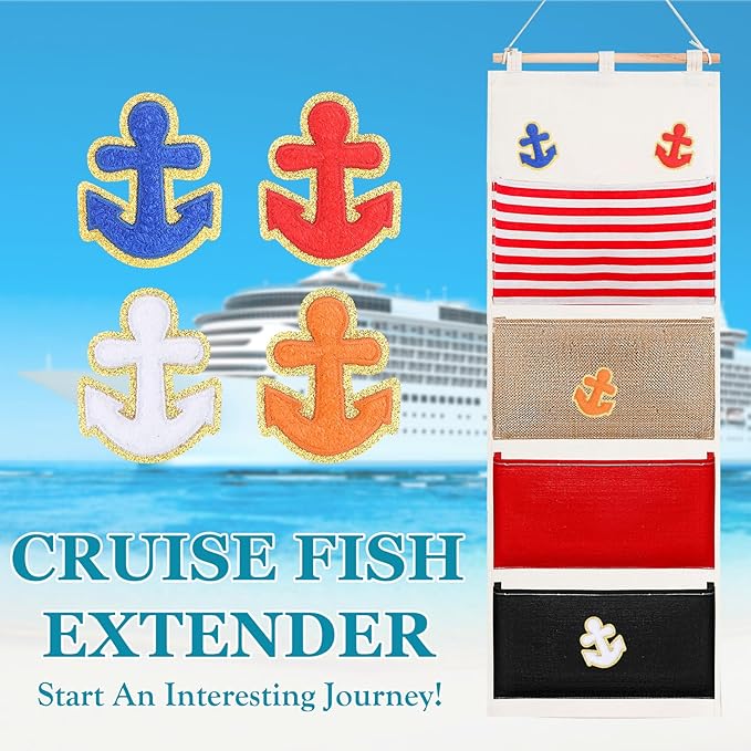 Fish Extender Cruise Gift Hanging Organizer with 4 Pockets and Iron on Anchor Patch Cabin Door Storage Bag 2026 Fe for Cruise Essentials Exchange Gift Pixie Dusting(Orange,White,Red,Blue)