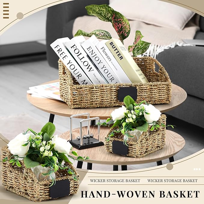 4 Pcs Natural Seagrass Storage Baskets Set Stackable Handwoven Wicker Storage Bins with Chalkboard Label Built-in Handles Woven Container Basket Kitchen Baskets for Shelves