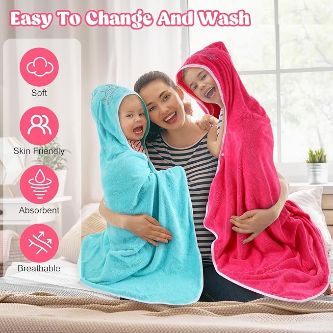 2 Pcs Princess Bath Towel for Baby Toddler Oversized Absorbent Soft Hooded Bath Beach Towel for Kids Girls up to 10 Years,Thick Cozy Full Coverage,Pink and Blue