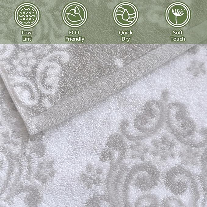Hand Towels for Bathroom, 16" x 27" - Cotton | Quick Dry | Lightweight | Soft | Absorb, Grey Bathroom Hand Towels Set of 4, Decorative Hand Towel, Damask Towel Gift Set - Gray and White Patterned