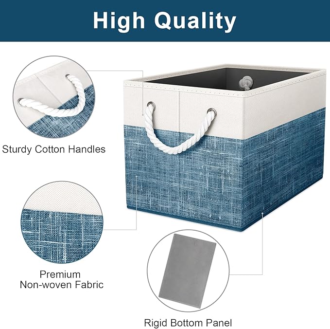 Fab totes Storage Bins [4-Pack], Foldable Storage Baskets for Organizing Toys, Books, Shelves, Closet, Large Storage Box with Rope Handles, Sturdy Organizer Bins, White & Blue