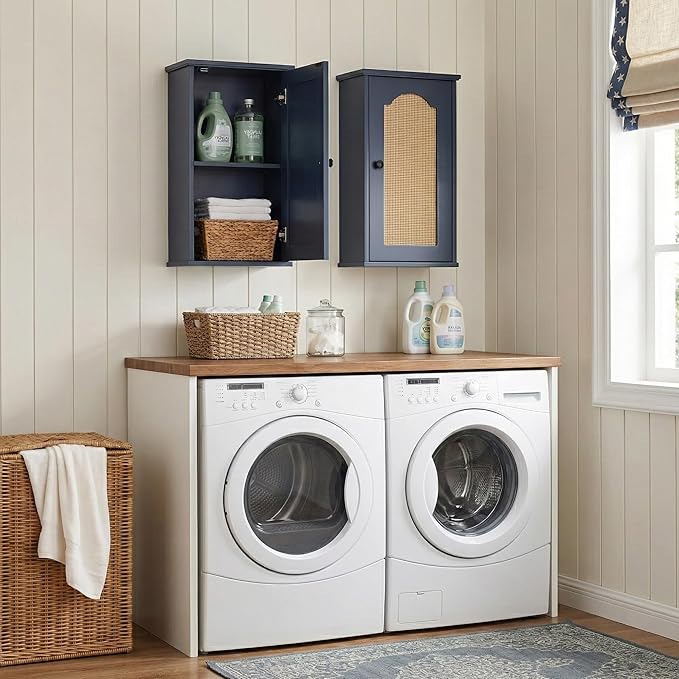 Over The Toilet Storage Cabinet, Above Toilet Organizer with Rattan Door, Modern Blue Finish, 13x25 inch Space Saving Bathroom Medicine Cabinet