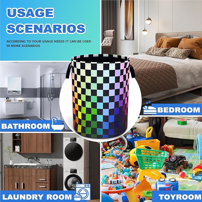 Checkered Rainbow Laundry Basket Oxford Cloth Colorful Squares Laundry Hamper With Handle Foldable Portable Clothes Storage Basket 18.9 X 16.5 In Storage Bag For Laundry Room/Bathroom/Bedroom