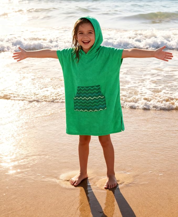 MissShorthair Towel Poncho for Kids, Hooded Beach Towel for Girl&Boy, Surf Poncho Swim Changing Robe Microfiber Bath Towel 11-14 Years Green