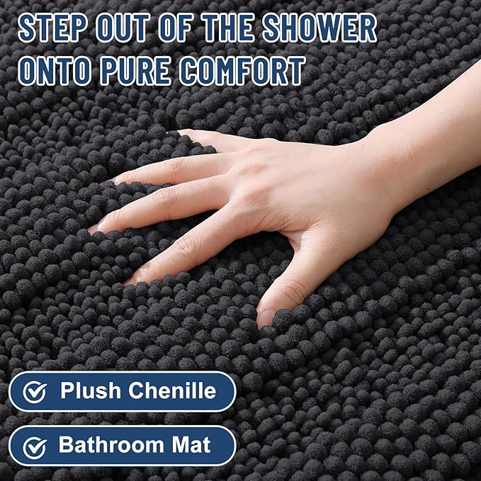 Grandaily Chenille Striped Bathroom Rugs 30x20, Extra Thick and Soft Absorbent Bath Mats, Rubber Backing, Plush Shaggy Shower Carpet, Machine Wash Dry, Bath Rug for Bathroom, Charcoal