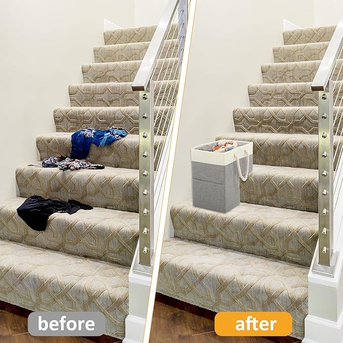 1 Pc Stair Basket for Stairs with Handle, Staircase Baskets for Carpeted and Wooden Stair,16" Step Storage Laundry basket for Stairs, Toys, Clothes, Books, Tools, Magazine, with Hard Board, Anti-slip