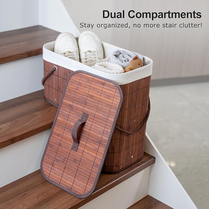 Stair Basket with Lid & Handle – Staircase Storage Basket for Wooden & Carpeted Stairs, Foldable Step Baskets for Stairs, Bamboo Storage Bin Organizer for Toys, shoes & Books (Brown)