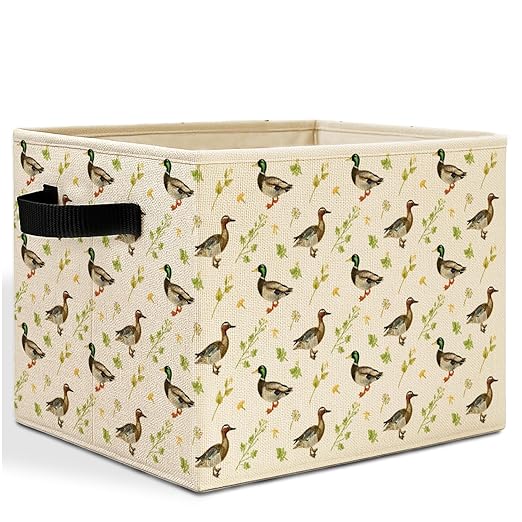 Mallard Duck Botanical Storage Bins Box with Handles, Rustic Wild Duck Laundry Basket Hamper Collapsible Clothes Toys Organizer for Kids Boys Room Nursery Playroom Bathroom