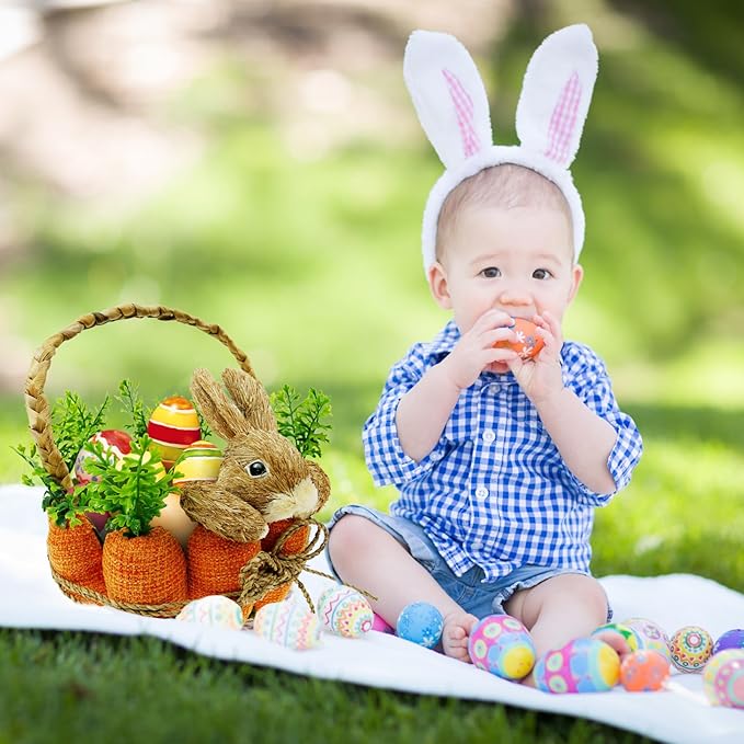DearSun 11" H*8" Dia Easter Straw Bunny Basket with Carrot Ornaments Easter Egg Hunting Basket Rabbit Handicrafts Basket for Kids Spring Party Supplies Garden Decoration