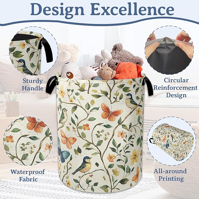 Bird Butterfly Laundry Basket,Oxford Cloth Vintage Nature Laundry Hamper With Handle Foldable Portable Clothes Storage Basket for Laundry Room/Bedroom/Bathroom 20.8"x16"