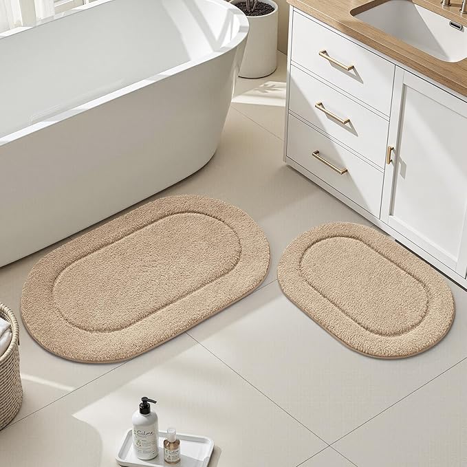 HOMEIDEAS Bathroom Rugs Sets 2 Piece, Soft Bathroom Mats and Absorbent Microfiber Machine Washable Bath Mats for Shower Room, Bathtub, Kitchen (20" x 32" + 16" x 24", Beige)
