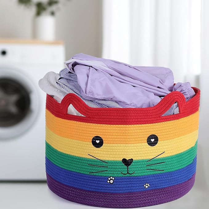 Zopeal Cat Basket Storage Woven Organizer with Ears Christmas Decorative Pet Toy Cute Cotton Rope Basket for Gift Cat Dog Toy Bin Nursery Room(21.7 x 13.8 Inch,Rainbow)