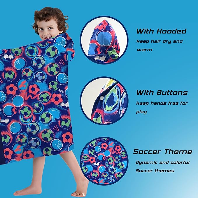 Hooded Towels for Kids -Toddler Beach Towel- Super Absorbent & Quick Dry 100% Cotton 30x50 Inch - to Kid Ages 3-10-Soccer Pattern Design