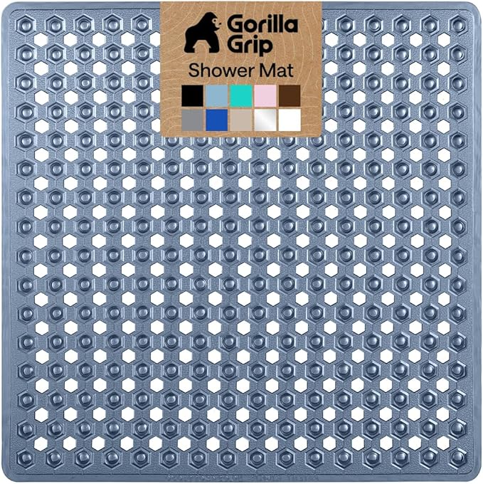 GORILLA GRIP Patented Square Shower Stall Mat, Small Bathtub Floor Mats for Stand Up Showers, Suction Cups and Drainage Holes, Machine Wash, Soft on Feet, Bathroom Accessories 21x21 Inch, Navy Blue