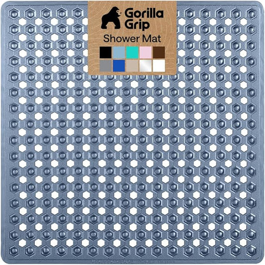 GORILLA GRIP Patented Square Shower Stall Mat, Small Bathtub Floor Mats for Stand Up Showers, Suction Cups and Drainage Holes, Machine Wash, Soft on Feet, Bathroom Accessories 21x21 Inch, Navy Blue
