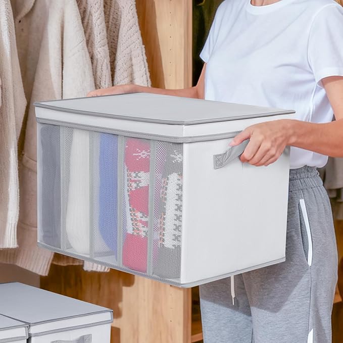 Univivi Large Size Wardrobe Clothes Organizer, 5 Grids Sweater Organizer for Closet with Handles, Support Boards and Lids, Foldable Closet Organizers for Sweaters, Pants, T-shirt, Hoodie- 4 Pack