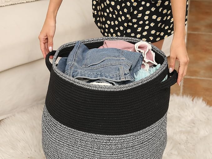 26" x 20" Handcrafted Tall Cotton Rope Basket with Lid, Stylish Flagon Shape with Cover, Clothes Hamper with Top, for Bedroom and Living Room, Black in Black Light Grey Mix