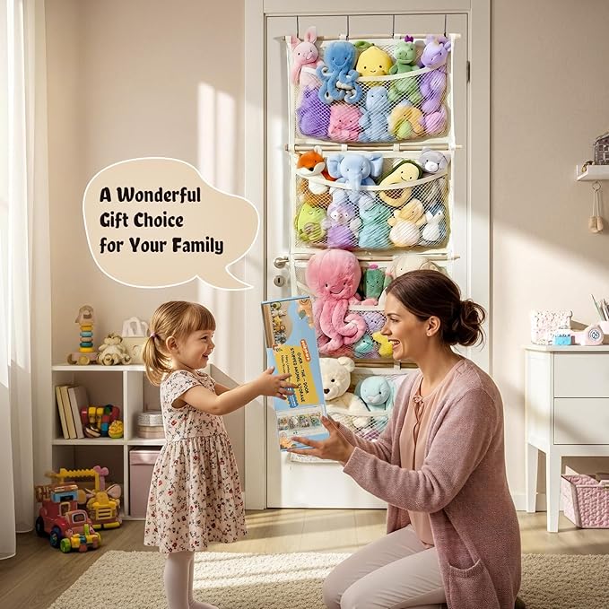 Over Door Large-Capacity Stuffed Animal Storage with Metal Hook & Wooden Stick, Hanging Plush Animal Bear Doll Toy Organizer Net Hammock Behind Door, Boho Nursery Dorm Bedroom Decor for Girl Boy Kid