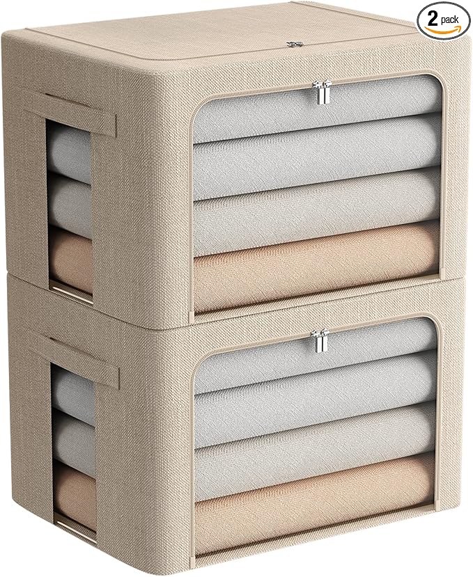 FHSQX 2 Pack Clothes Storage Bins Stackable Metal Frame Storage Box Foldable Linen Fabric Box Organizer with Carrying Handles and Clear Window (Beige, 15.7x 11.8x 11.7 Inch)