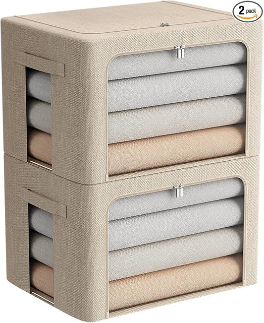 FHSQX 2 Pack Clothes Storage Bins Stackable Metal Frame Storage Box Foldable Linen Fabric Box Organizer with Carrying Handles and Clear Window (Beige, 15.7x 11.8x 11.7 Inch)