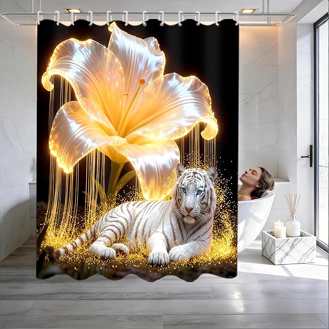 4 Piece Black and Gold Shower Curtain Set with Rugs, Majestic White Tiger & Glowing Golden Lily Floral Art, Luxury Waterproof Fabric Bathroom Decor, Non-Slip Bath Mats & Toilet Lid Cover
