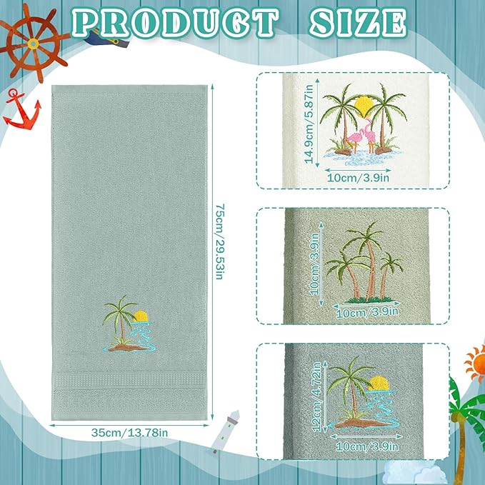 3 Pack Summer Palm Tree Hand Towels for Bathroom 100% Cotton Embroidered Beach Bathroom Towels 13.78 x 29.53 Inch Soft Absorbent(Green Series, Palm Tree)