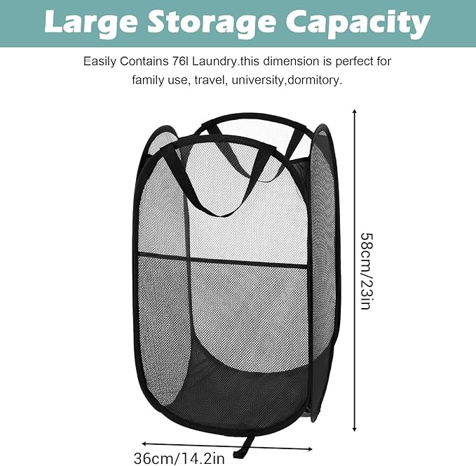4 Pcs Foldable Mesh Popup Laundry Hamper, Handy Laundry Basket with Easy Carry Handles and Side Pocket Durable Clothes Storage for Bathroom Kids Room Dorm Travel