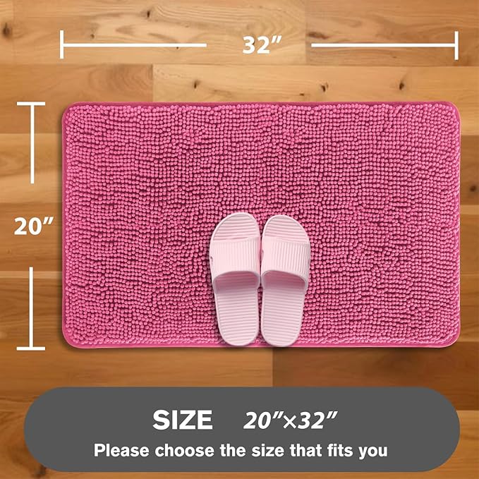 Hot Pink Bathroom Rugs – Absorbent and Washable Bath Mat, Non-Slip, Thick Soft Chenille Bath Rugs for Bathroom Floor, Shower, Sink - 20" x 32"