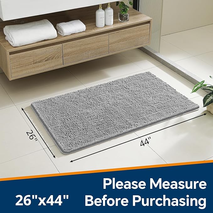 Gray Bathroom Rugs 26"x44" - Thick Plush Chenille Non-Slip Bath Mat - Absorbent, Washable, Soft Decor for Sink, Shower, Tub, Kitchen, Vanity, Home Accessories