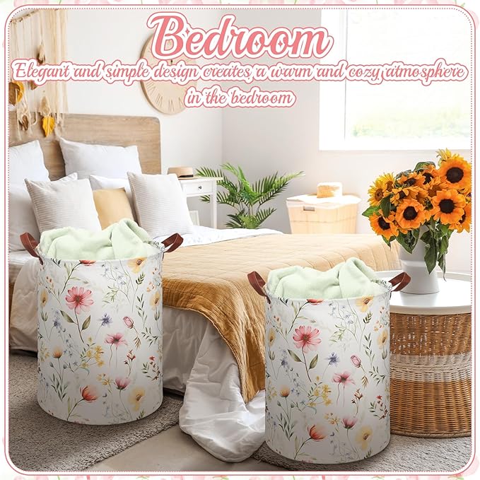 2 Pcs Wildflower Laundry Basket Coquette Storage Basket for Girls Nursery Hamper with Handles Foldable Waterproof Collapsible Storage Bin Organizer for College Dorms Bathroom