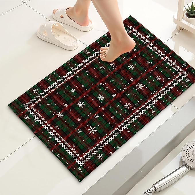 Green Christmas Bath Rug Xmas Red Green Buffalo Plaid Snowflakes Bathroom Mat Extra Soft Rug 20X32 Inch Plush Non Slip Absorbent Holiday Doormat for Bathroom Entryway Living Room