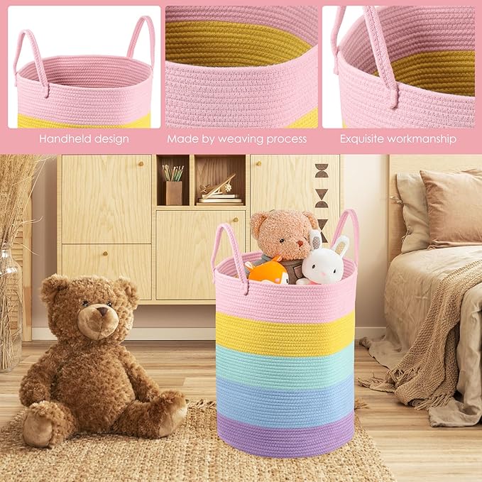 Cotton Rope Laundry Basket Woven Hamper for Girls Kids Baby Large Capacity Clothes Storage for Living Room, Laundry Nursery Pillows Baby Toy chest