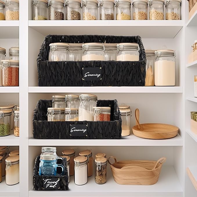 4 Pcs Natural Storage Baskets Set Stackable Handwoven Wicker Storage Bins with Chalkboard Label Built-in Handles Woven Container Basket Kitchen Baskets for Shelves(Black)