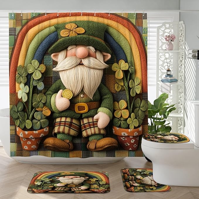 4PCS St.Patrick's Day Gnome Bathroom Accessory Sets with Non-Slip Rug, U Shape Toilet Lid Cover Mat, Wool Felt Style Leprechaun Shamrocks Bathroom Decoration 72''x72''