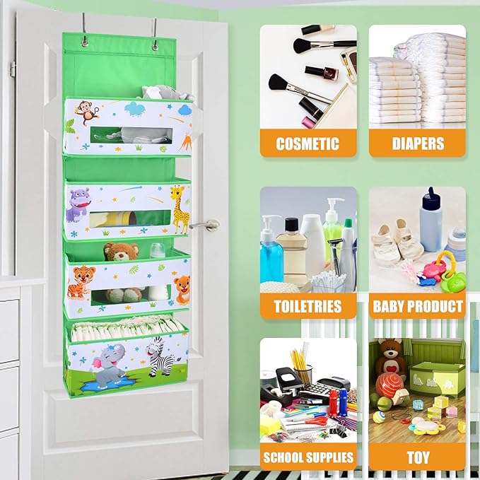WERNNSAI Jungle Animal Over the Door Hanging Organizer - 4 Clear Window Pockets, Oxford Cloth Material, Suitable for Children's Rooms, Kindergartens, Nurseries