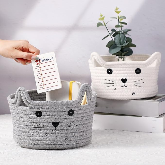 Zopeal Cat Basket Storage Woven Organizer with Ears Christmas Decorative Pet Toy Cute Cotton Rope Basket for Gift Cat Dog Toy Bin Nursery Room(8.3 x 4.7 Inch,Light Gray)