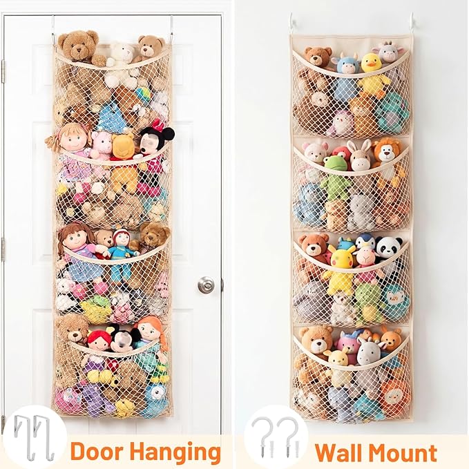 Over The Door Stuffed Animal Storage, Cotton Toy Organizer for Storage Plush Toys,Baby Supplies, Stuffed Animal Holder with 4 Large Pockets, Hanging Door Organizer for Nursery, Bedroom, Kids Room