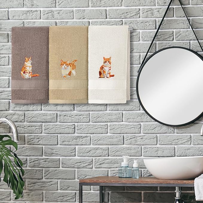 3 Pcs Orange Cat Hand Towels Bathroom Sets Decor Cute Orange Cat Lover Gifts Funny Decorative Farmhouse 100% Cotton Embroidered Towels for Women Bathroom Kitchen 13. 3 x 29. 5''