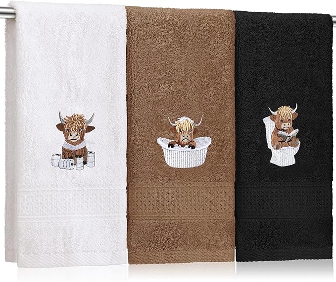 3 Pcs Highland Cow Hand Towels for Bathroom Embroidered Bathroom Towels Farmhouse Decorative 13.78 x 29.53 Inch Absorbent Soft Cotton for Dish Fast Drying Decor