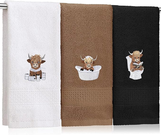 3 Pcs Highland Cow Hand Towels for Bathroom Embroidered Bathroom Towels Farmhouse Decorative 13.78 x 29.53 Inch Absorbent Soft Cotton for Dish Fast Drying Decor