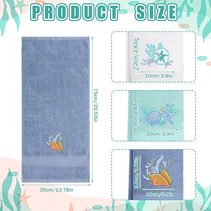 3 Pack Coastal Hand Towels for Bathroom 100% Cotton Embroidered Beach Bathroom Towels 13.78 x 29.53 Inch Soft Absorbent (White Green Blue, Seashell)