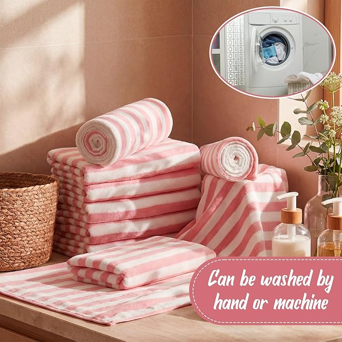 16 Pack Microfiber Bath Towels Bulk 27'' x 60'' Oversized Size Bath Towel Highly Absorbent Extra Large Soft Drying for Shower Beach Winter Salon Sport Gym Party (Stripes,Pink)