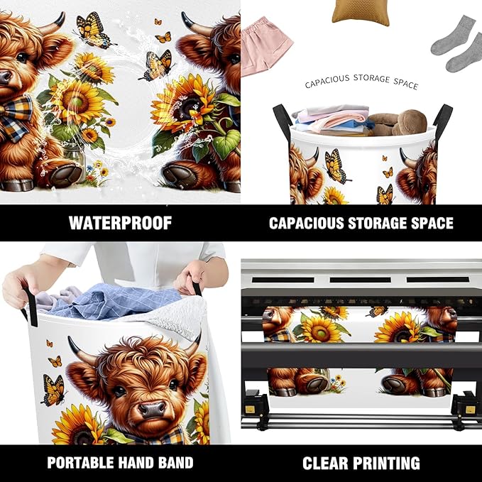 Sunflower Highland Cow Baby Laundry Hamper,kids laundry Basket,Waterproof Storage Bin for Bedroom,Clothes Organizer Basket,Toys Box,Room Decor