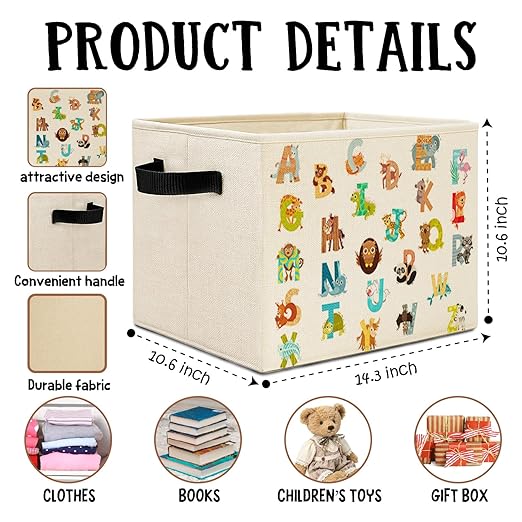 Boho Animal Alphabet Kids Storage Bins Box with Handles, Cute Animal Educational Laundry Basket Hamper Collapsible Clothes Toys Organizer for Toddler Room Nursery Playroom Bathroom